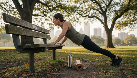 Woman doing push-ups in city eco park